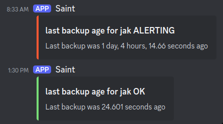 image showing two alert messages in discord indicating an issue with backups, and that the issue was resolved